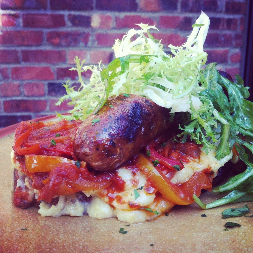 Cuoco. Spicy Italian Sausage, Cheesy Polenta, Tostado.