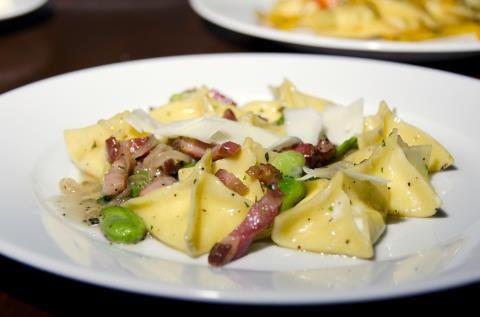 Cantinetta. Pecorino fagotini with guanciale and fava beans.