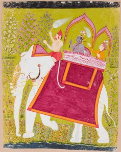Many Arrows from Rama's Bow: Paintings of the Ramayana at Seattle Asian Art Museum through December 2, 2012. Rama and Lakshman in the howdah of a white elephant with Hanuman as mahout, Rama's Journey, late 18th century Opaque watercolor on paper, Raghogarh, Rajasthani.