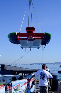 The hydroplane from Miss Madison Racing being moved from the pitsto the water.
