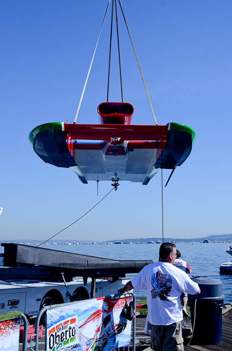 The hydroplane from Miss Madison Racing being moved from the pitsto the water.