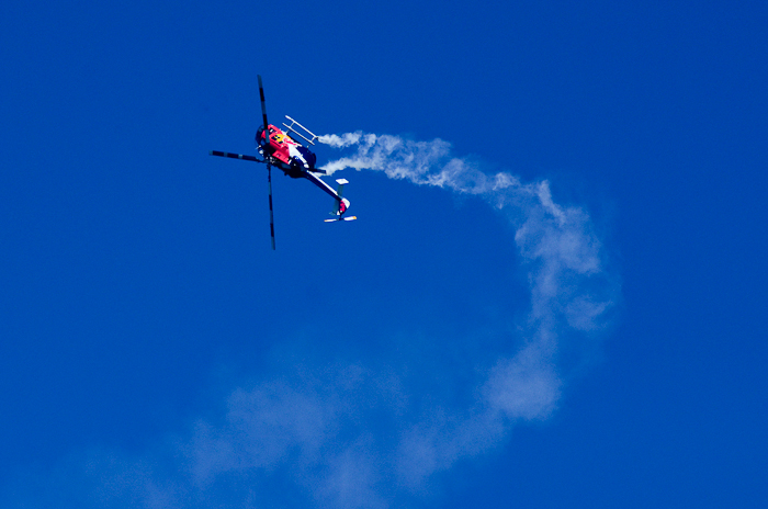 Chuck Aaron in the Red bull Aerobatic Helicopter