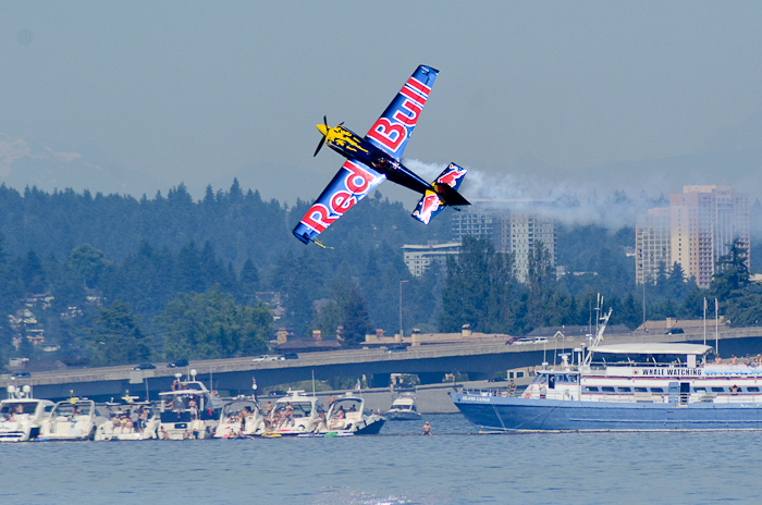 Chambliss flying sideways, slowly, less than 50 feet off the water, and making it look easy.