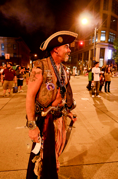 The Seafair Pirates sailed through downtown Seattle along 4th Avenue surprisin', delightin',