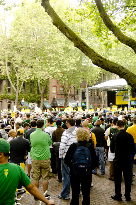 Occidental Park was packed with supporters, numbering in the thousands.