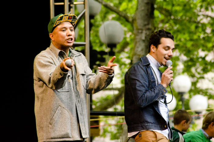Hiphop duo Blue Scholars rally the crowd with Seattle-Centric music.