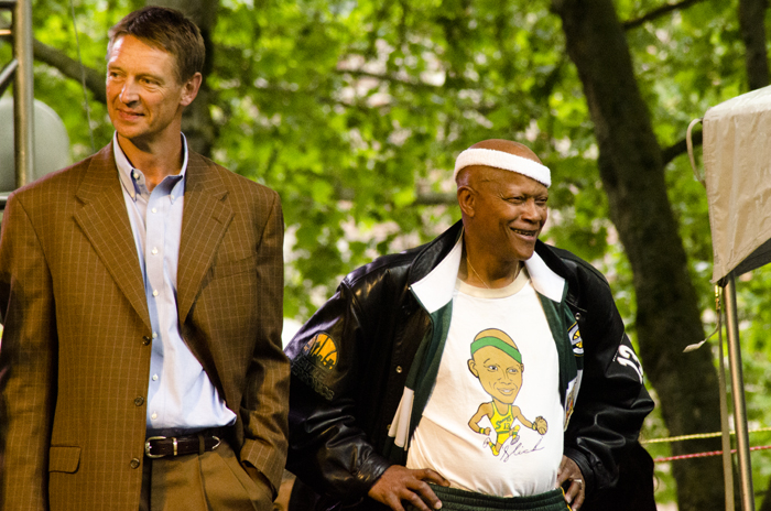Slick Watts and Detlef Schrempf make an appearance on stage to show their support for the return of basketball to Seattle.