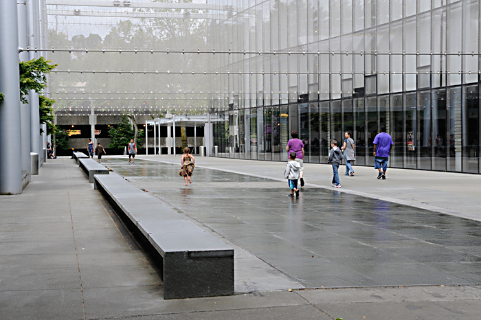 Kathryn Gustafson gave McCaw Hall's courtyard promenade a thin, elegant sheen over the pavement. Sadly, however, it's rarely runningaE”partly out of slip-and-fall concerns.