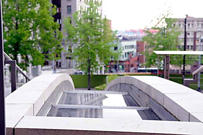 Gustafson also designed the indoor/outdoor creek descending down through the new City Hall. (It was supposed to run aboveground through a park on the west side of Fourth Avenue, though the recession has delayed such plans.)