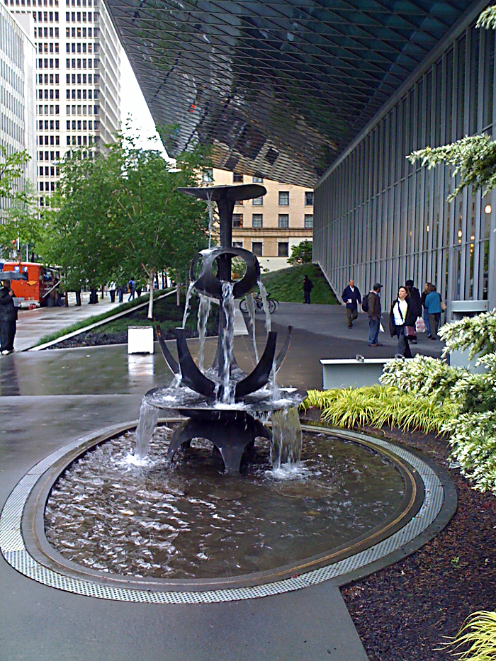George Tsutakawa's Fountain of Wisdom was salvaged from the old library (1960-2007), and is now sited on Fourth below the new Rem Koolhaas building.