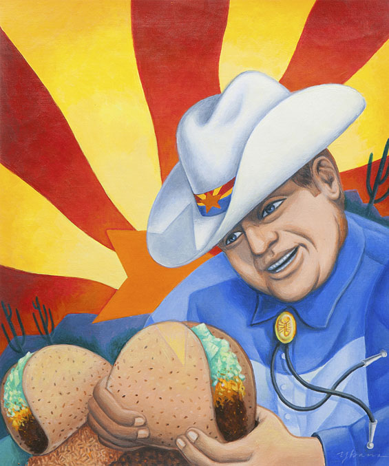 Frank Ybarra, untitled.Frank Ybarra grew up in a family that was proud of its Mexican roots but was also fully assimilated into U.S. culture. He draws inspiration from familiar themes in the Southwest, as well as American family life, infusing his subjects with whimsy, vibrancy, and symbolism.