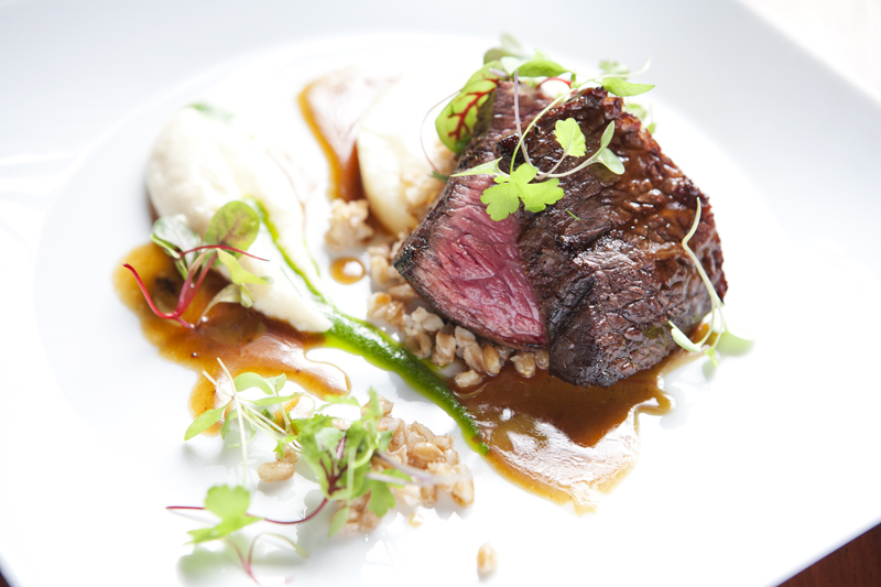 Grilled Wagyu culotte steak, with salt roasted celery root, and black trumpet mushroom.