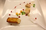 Here we have half-eaten Foie Gras with pomegranet reduction, by Thayn.  The first time he tried making Foie Gras, he melted it completely.  Thayn has a blog moonlitkitchen.com and is currently shopping around for a publisher for his 300 page concept book on how to prepare your own 12-13 course meal for guests.He didn't have time to plate his bitter honey herb Jelly.