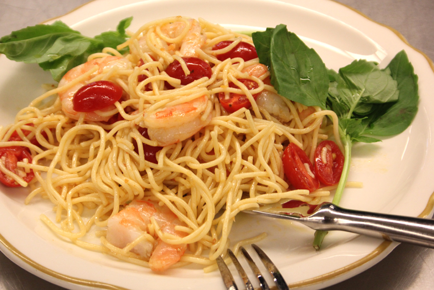 Shrimp ala Armon.  When asking Armon why he decided to make this dish he said, these were the only ingredients i had in the house. It was his fourth time making this dish and he felt like it would best hold up in the car ride from Eugene. Armon says he does 95% of the cooking in his house and his wife is constantly bringing food in for her coworkers who love it. They all urged him to make the drive to Tukwila to compete for Master Chef.