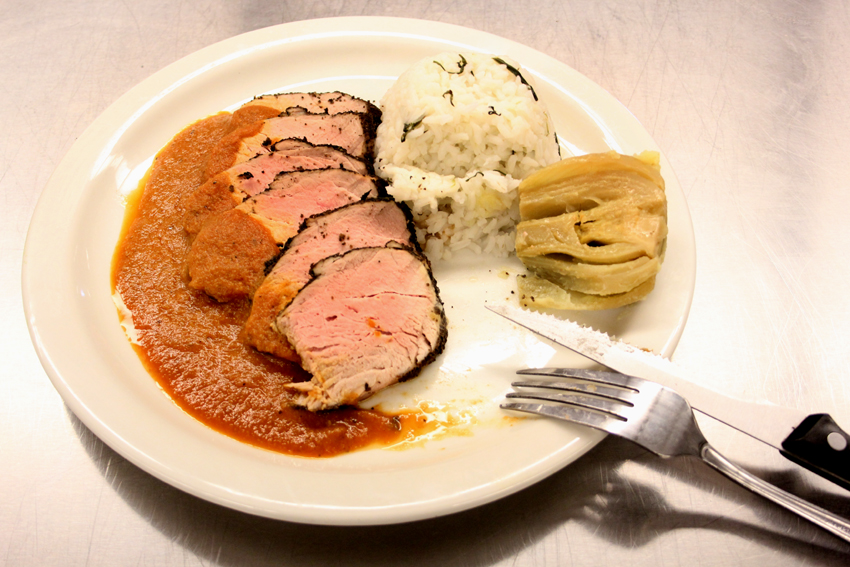 Dried Morel & Thyme Crusted Pork Tenderloin with Tarragon Buttered rice, by John.  John is a culinary school drop out. Needing money, John left school to join the Army and was stationed in Germany.  John would call home every night to ask his mom how to cook all her dishes.  John would like to open up a restaurant in Tacoma for the 25 and older crowd if he won Master Chef; restaurant that cooks elegant Italian food, has Cabaret, drinks and no smoking. John says Tacoma needs a good restaurant with some entertainment. Seattle already has everything.