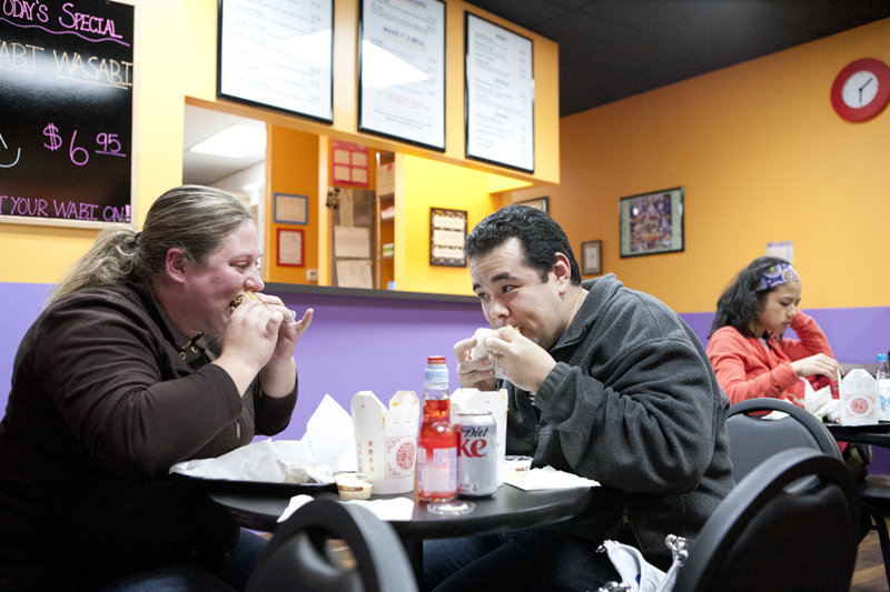 Diners enjoying their food.