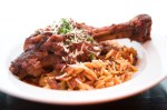 Lamb shank served over a Greek orzo.