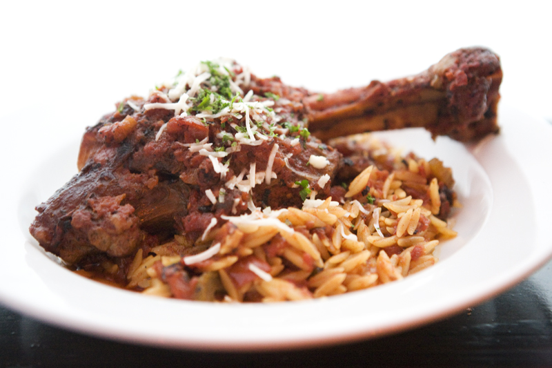 Lamb shank served over a Greek orzo.