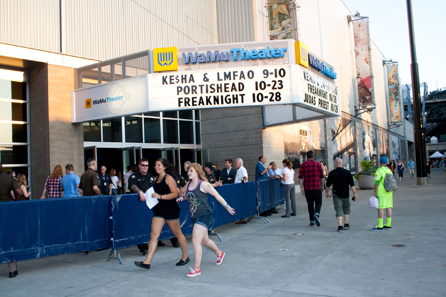 Fans anxiously rush into WAMU Theatre for KE$HA and LMFAO.