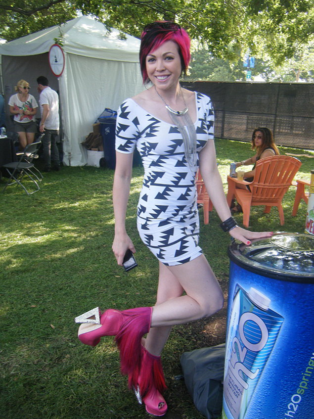 Chicago DJ Dani Deahl shows off her heels trimmed with faux hair.