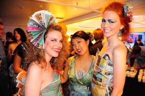 Models Brittany Hartman, Morgan and Ayako pose in dresses created from Seattle Weekly newspapers as part of a design competition.