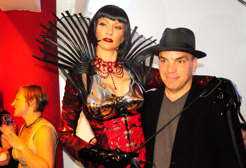 Teatro Zinzanni's yodeling dominatrix Manuela Horn poses with Daniel O. Woolett.