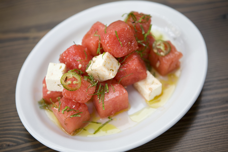 Watermelon Salad: watermelon, queso fresco, Serrano chile, lime, olive oil, and mint.