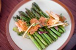 Roasted asparagus with spring onions and bonneted with toasted disc of haloumi cheese.