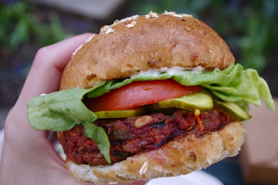Source: New YorkWhere: 5 Napkin BurgersAbsolutely everything about this burger from 5 Napkin BurgersA -- patty, bun, vegetal accessories, condiments -- works in perfect harmony. The bun: sturdy but pliant multigrain. Tomatoes, lettuce, bread and butter pickles: generous, fresh. Patty: Conjured from black beans, barley, brown rice, carrots, beets, jalapeA±os, and sesame seeds, it's crunchy on the outside, moist on the inside, and flavorful and satisfying as hell. 5Napkin sauce: like a hybrid of Russian dressing and tartar sauce, and thus delicious. Meat eaters, your loss is our considerable gain. Read more on theA  Village Voice's Top 10 Best Veggie Burgers in NYC here