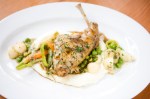 Braised rabbit with spring vegetables, potato puree, mustard.