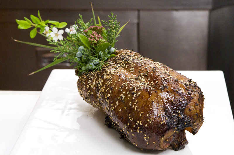 Muscovy Duck (for two): 14-day dry aged duck breast, roasted whole and accompanied by apricot chutney, soubise and turnips.