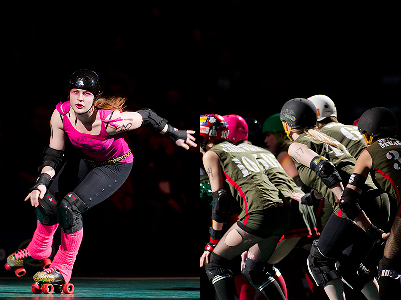 A skater from Guns and Rollers and the RCRG's own Derby Liberation front.