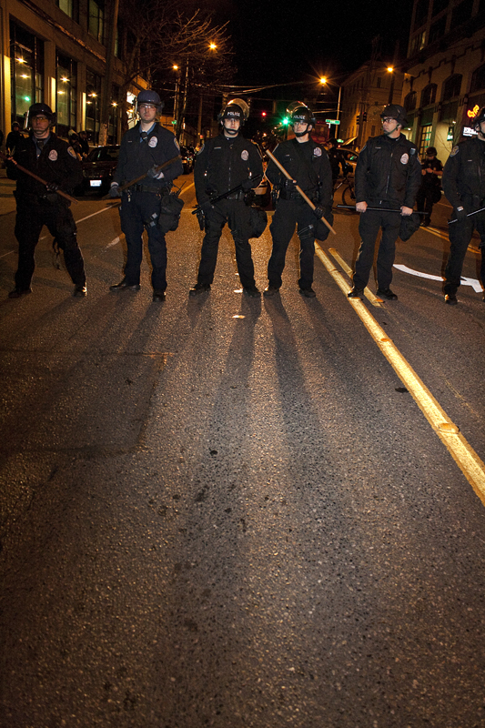 Police line guarding the Capitol Hill precinct.