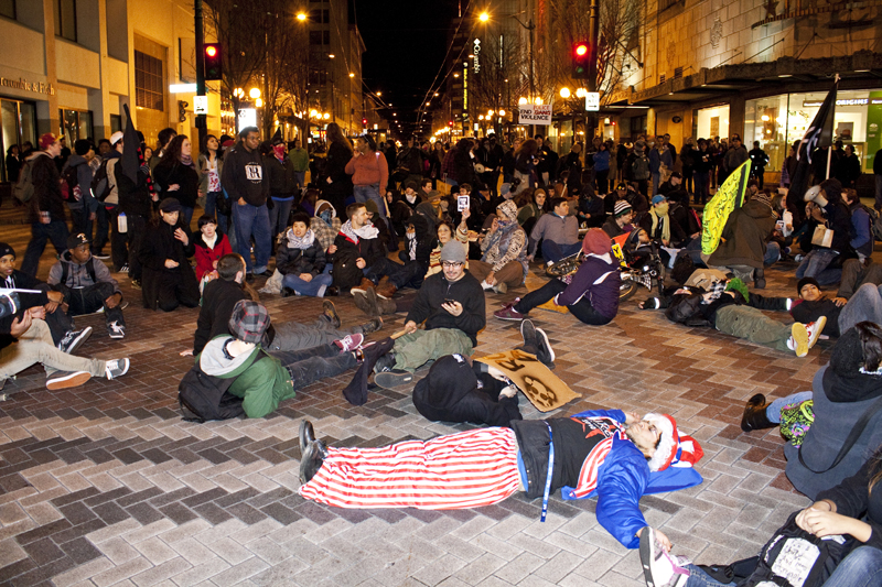 Protesters claiming the intersection of 4th and Pine.