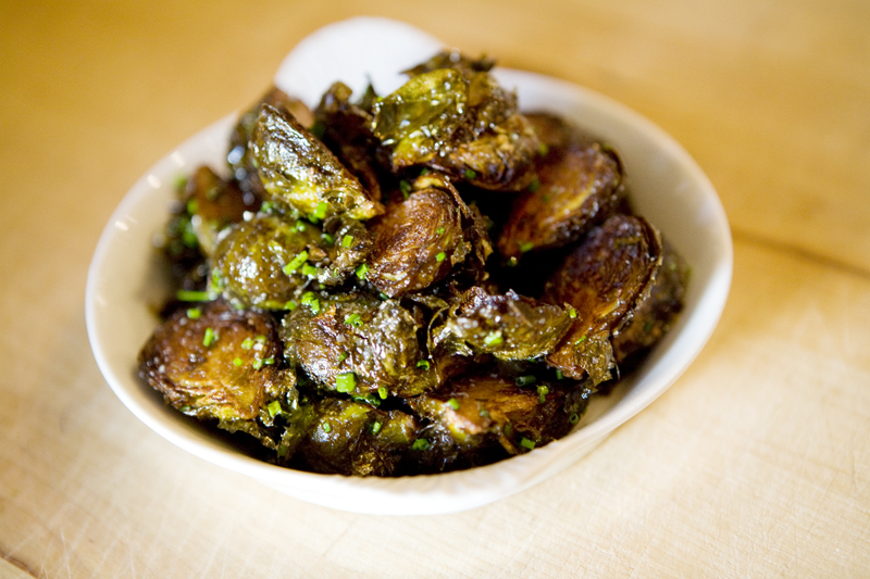 Fried brussels sprouts with sea salt, and chives.