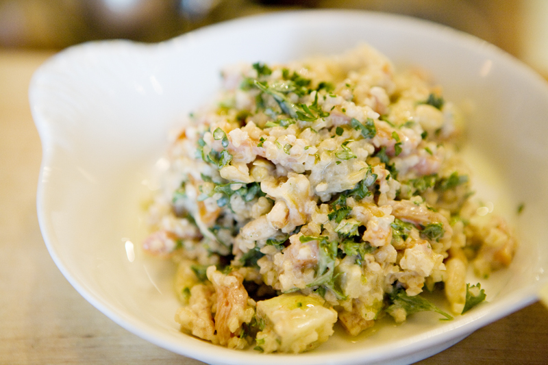 Bulgar salad with artichoke, apricot, and pine nuts.