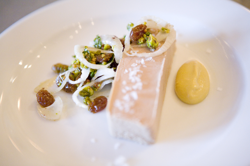 Chicken liver mousse with fennel, pistachio, golden raisins, and a side of mustard
