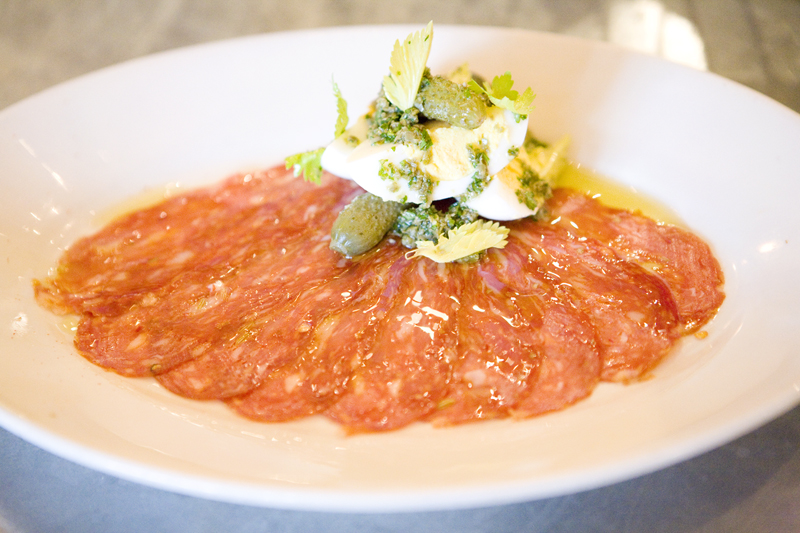 Sopressata daE™ abruzzo, hard-boiled egg, caper, and cornichon