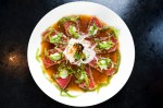 Eight Spice Tuna Tataki: seared tuna, jalapeA±o garlic soy citrus, wasabi aioli.