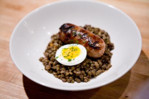 Lentils with sausage and egg.