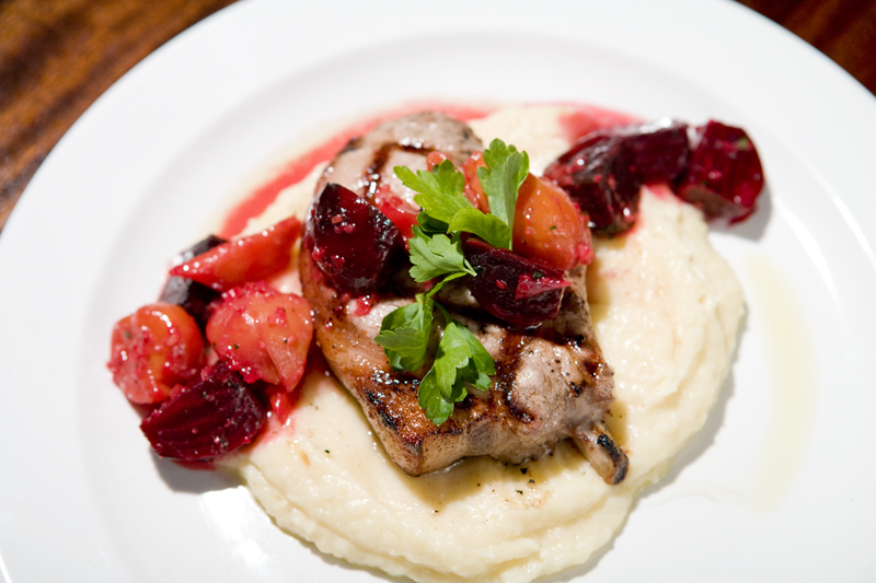 House-brined Carlton Farms pork chop, soft polenta, with beets.