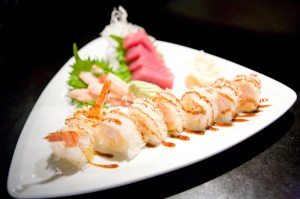 Sushi Roll: Ponies and Rainbows -tempura shrimp and crab salad covered with tenkasu and eel sauce, wrapped in mamenoriTuna Sashimi Kani Sashimi