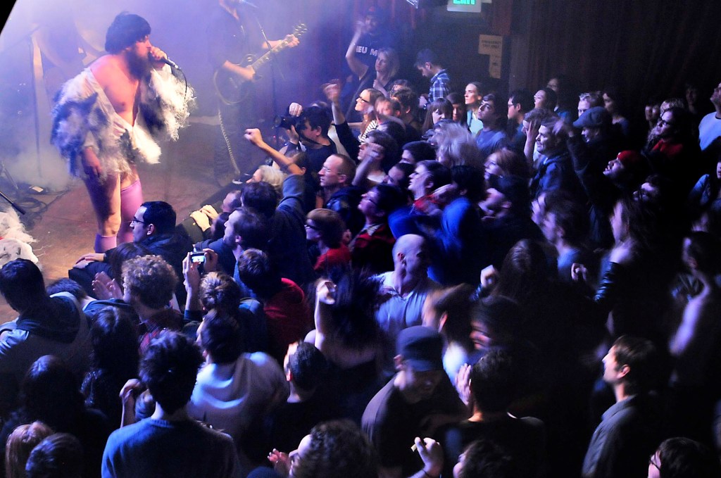 Les Savy Fav frontman Tim Harrington energizes the crowd at Neumos on Capitol Hill on Saturday Evening Dec. 5, 2010, in Seattle.