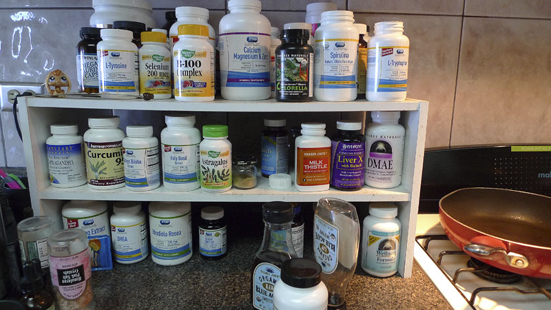 The vitamin and supplement stash at Pangea Biomedics.