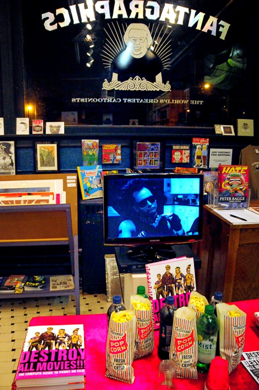Fantagraphics bookstore featured the book aEœDestroy All Movies, The Complete Guide to Punks on FilmaE and ran movie clips of cinematic punks.