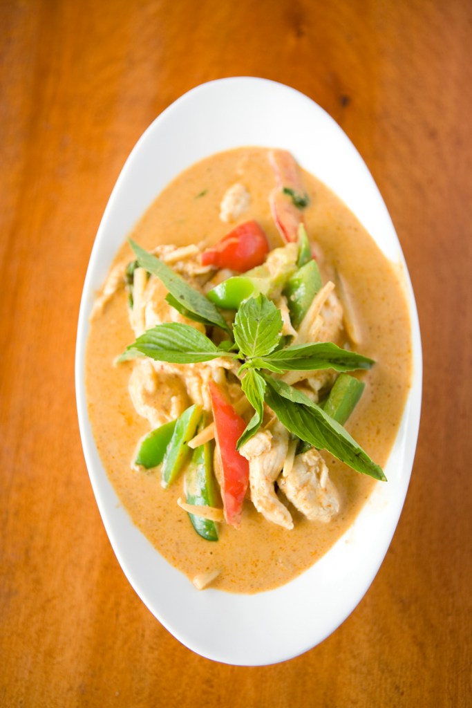 Red Curry:Red curry paste and coconut milk, bamboo shoots or pineapple, bell peppers and fresh Thai basil leaves.