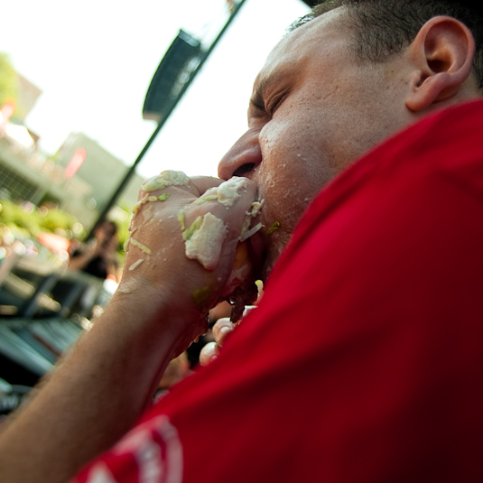 Joey Chestnut, the #1 Major League Eater and winner of the Nathans hot dog eating contest on the 4th of July, goes in for the kill.