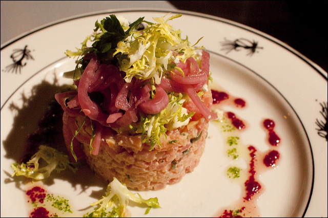 Heirloom beet tartare with gorgonzola .
