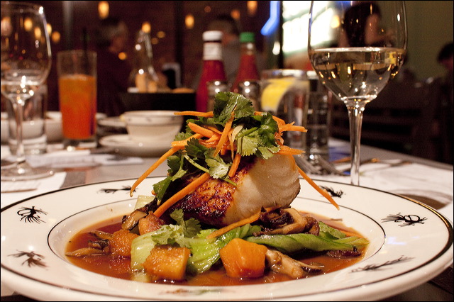 Kasu marinated black cod with shiitake mushrooms.