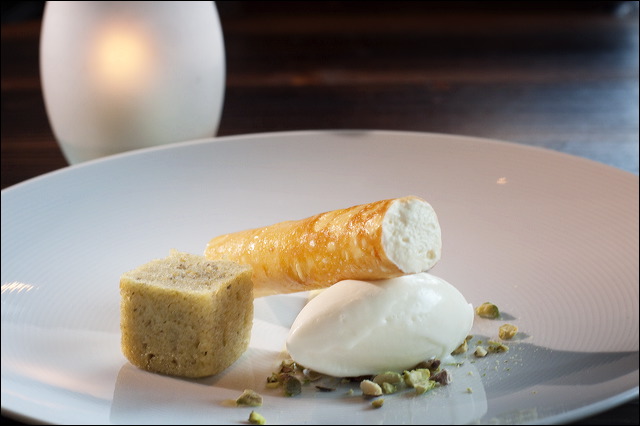 Meyer Lemon Mousse,White Chocolate Sorbet,Pistachio Pain de Genes.